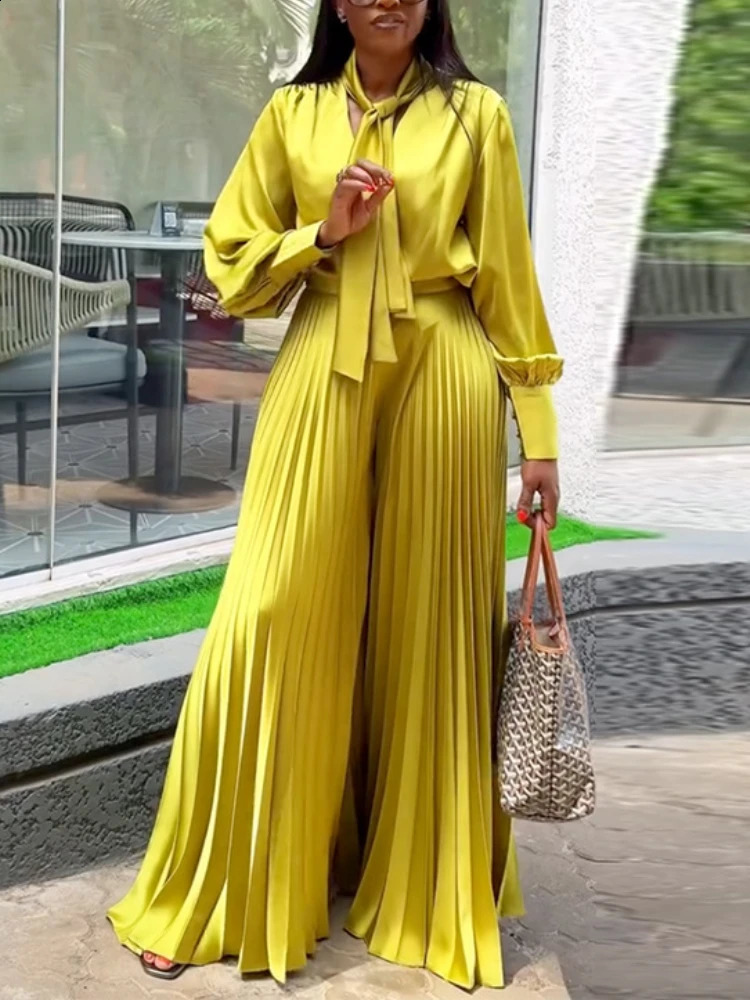 Two Piece Sets Women Outfits V Neck Lace Up Long Lantern Sleeve Tops Wide Leg Pleated Trousers Streetwear Party Causal Pant Sets 250530