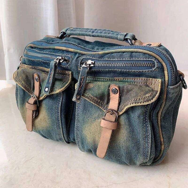 WOONAM Fashion Denim Canvas Genuine Calf Leather Trim Multi Pocket Duffle Handbag Women Top Handle Purse Wb240226