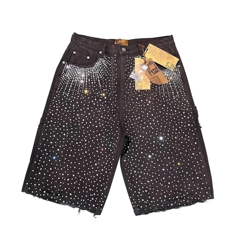 Gothic Retro HipHop Flash Diamond Black Denim Shorts Mens Y2K Trend Harajuku Casual Joker Sweatpants Street Wear 250522