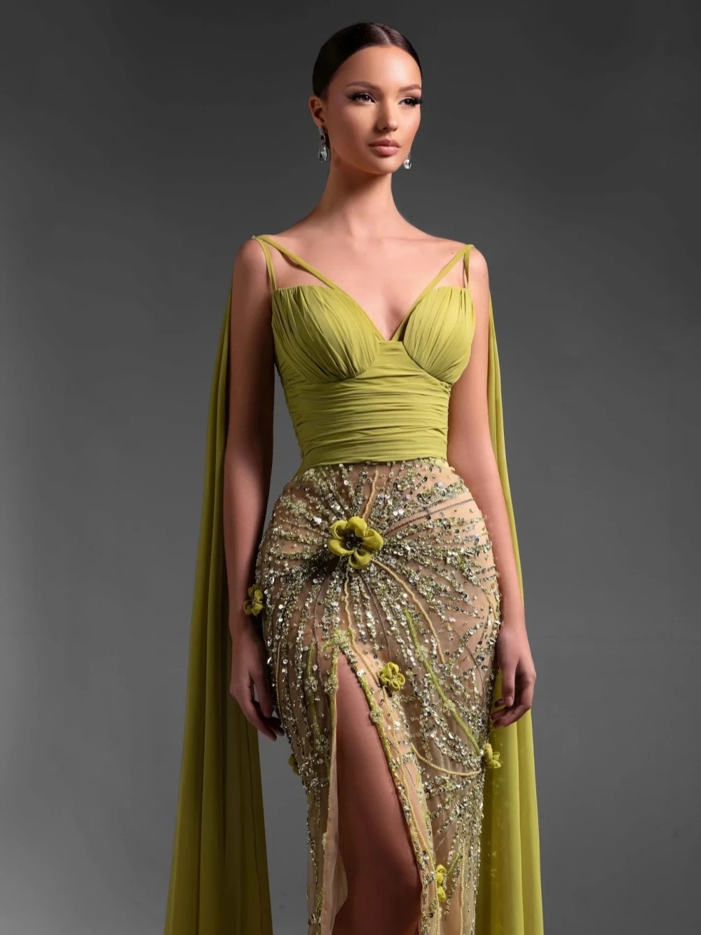 Modern Evening Dresses V Neck Sequins Prom Dress 3D Flowers Side Split Illusion Sleeveless See Through Mermaid Party Gowns Vestidos De Noche