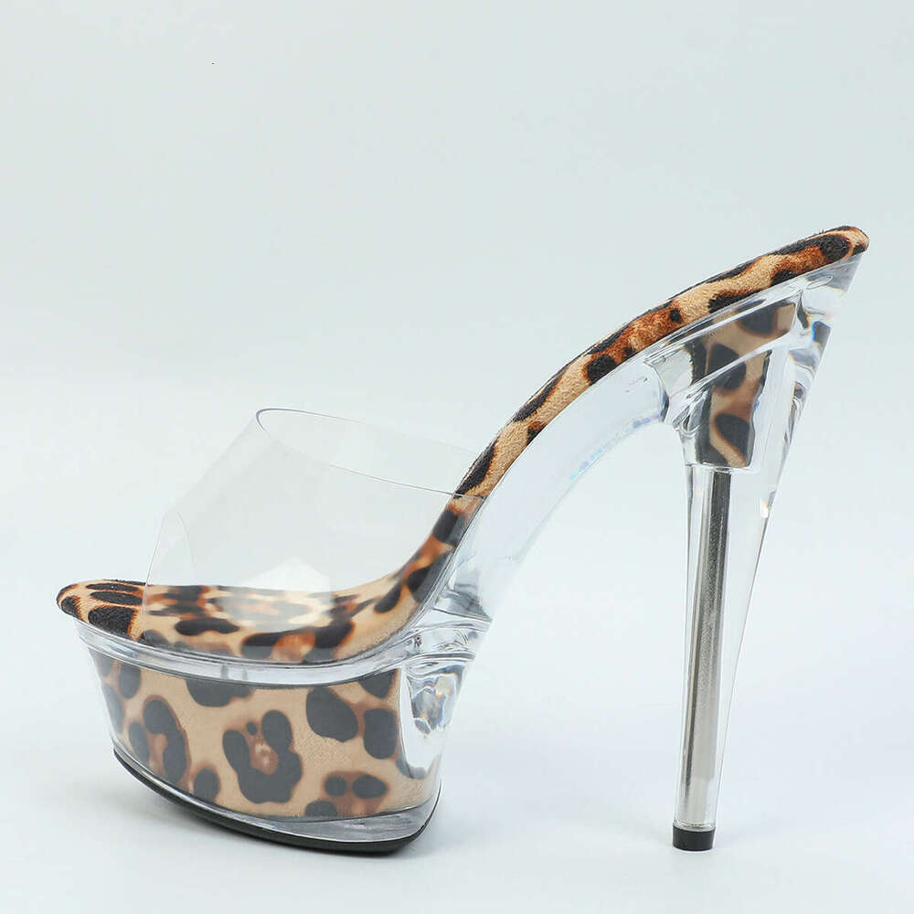 Super High Heels Sexy Transparent Crystal Sandals Waterproof Platform 15Cm Super High Heels Nightclub Show Thin Heel Leopard Print Slippers Platform H