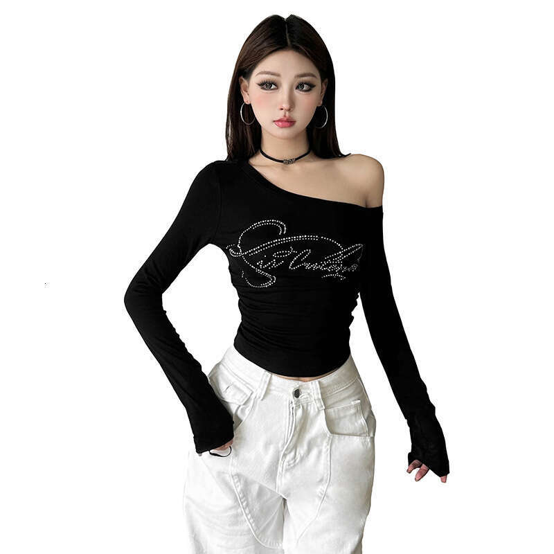 Fashion Autumn New Women's Sexy Hot Girl Off-Shoulder Rhinestone Slim Fit Irregular Top B5