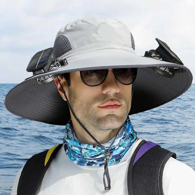 Swim Hat Men Outdoor Wide Brim Sun Hat With Solar Fan Wide Brim Solar Fan Outdoor Fishing Hat Solar USB Charging Desktop Visor W250602
