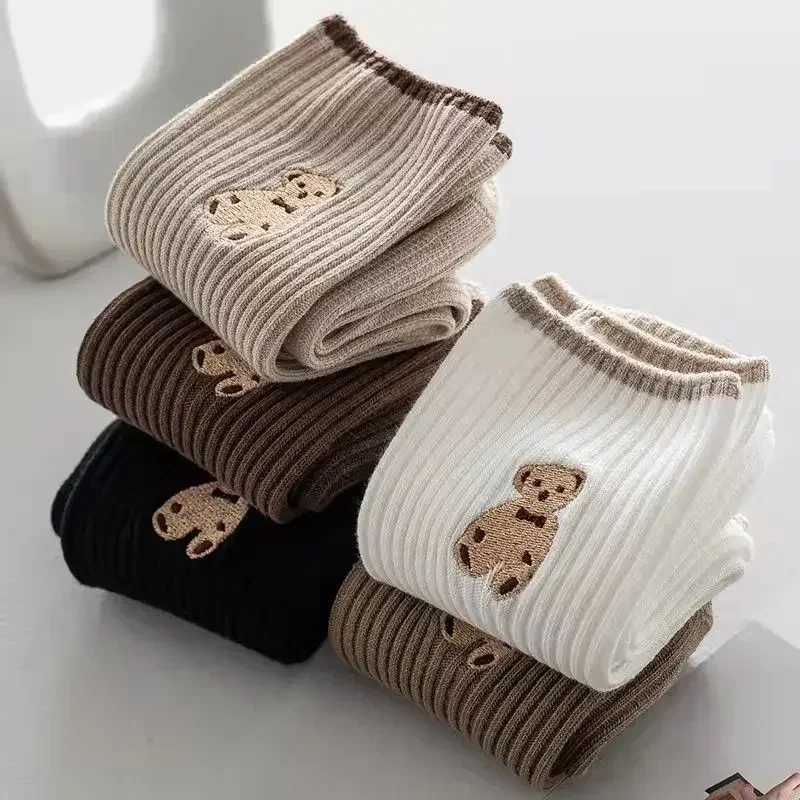 5pairs Cartoon Bear Socks Soft Cotton Socks Autumn Coffee Stockings Kawaii Women Socks Korean Casual Stockings Women Hosiery T250602