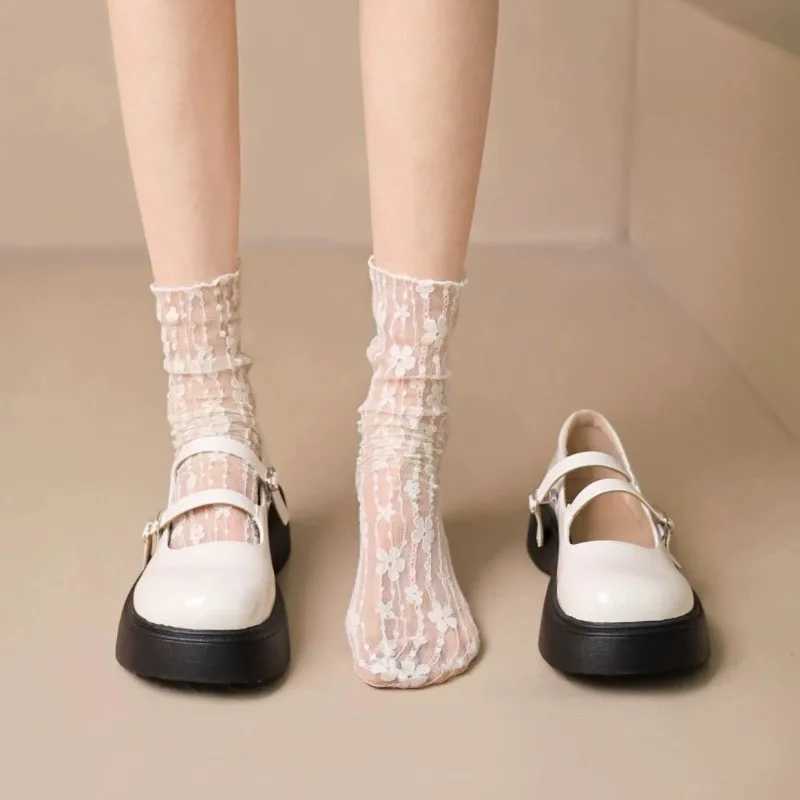3 Pairs Women Floral Patterned Lace Round Neck Socks Fashionable Paired Summer Sweet Style Comfortable Breathable Casual SocksT250602
