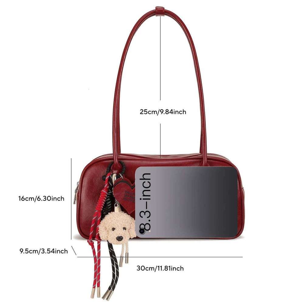 TOUTOU Red Bowling Bag for Women Dog Rope Pendent Boston PU Underarm Handbag 25cm Shoulder Strap 8.3 Inch Laptop Valentine Gift