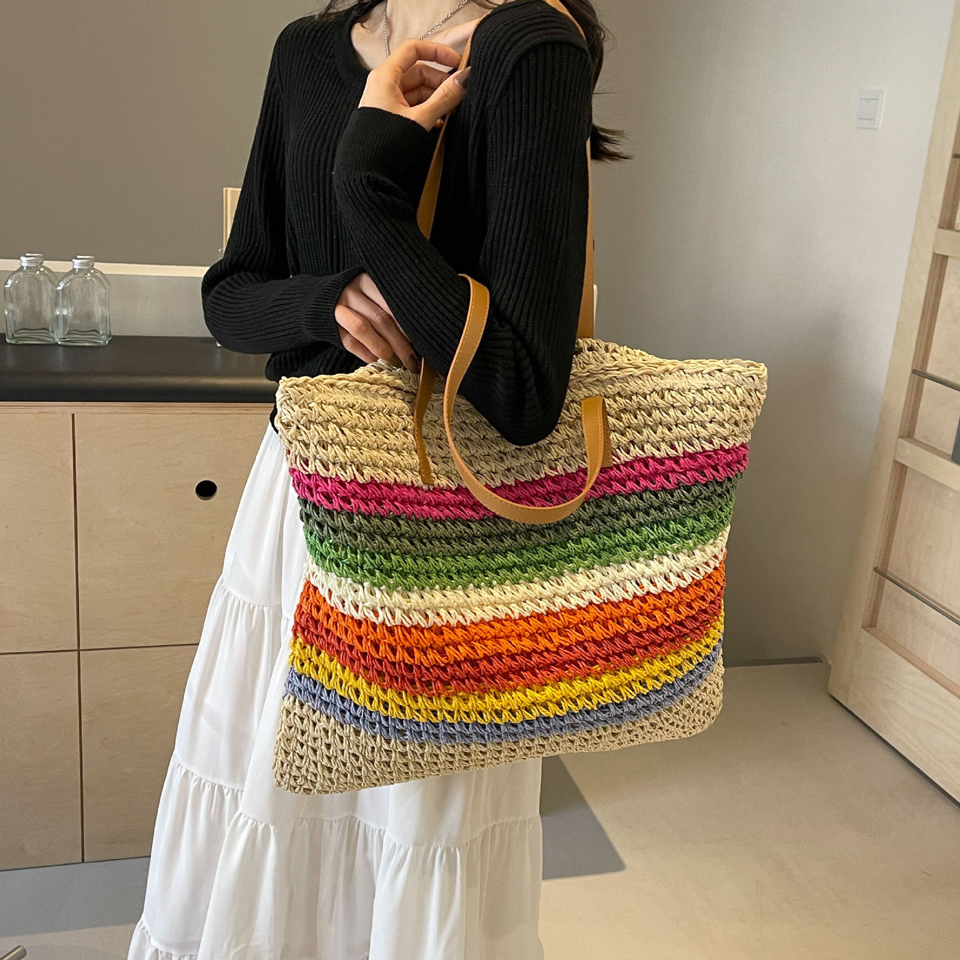 designer Rainbow Striped Straw Bag for Women 2025 New Forest Style Handwoven Beach Bag Seaside Vacation Shoulder Tote Bag