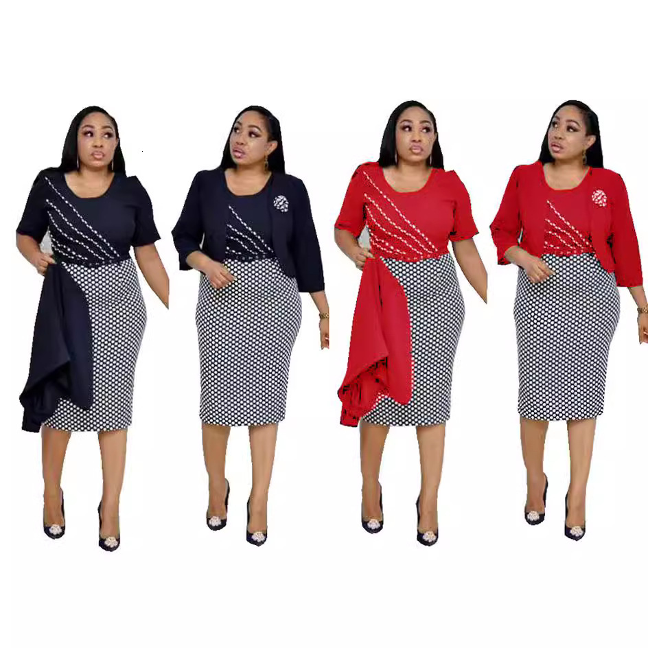 women's wear Women's Round Neck Plaid OL Style Patchwork Commuter Dress + Small Jacket Two-Piece Set