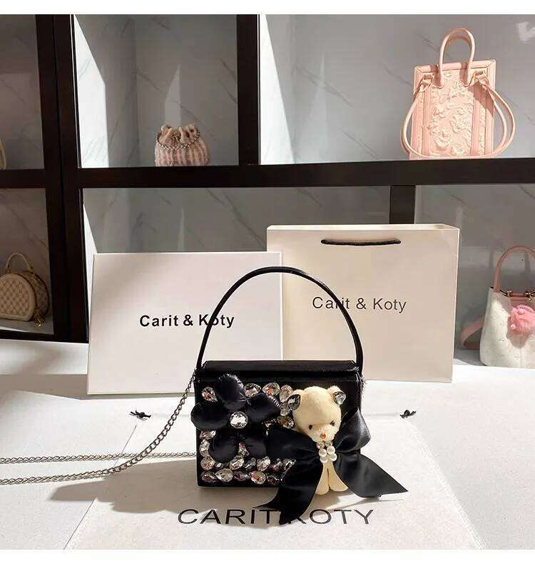 Crystal Shiny Rhinestones Dia Clutch Purse Satin Women Handbag Cute Bear Fashion Solid Floral Shoulder Crossbody Bag
