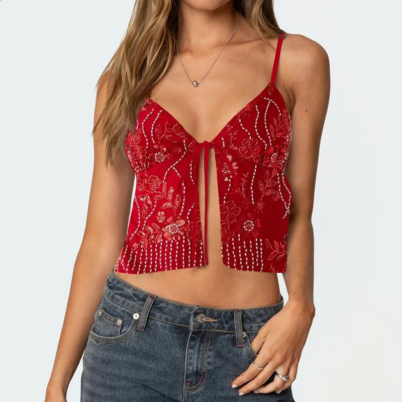 Women Y2K Sequin Cami Top Front Tie Pearl Rhinestone Sleeveless Tank Top Sparkle Glitter Backless Crop Top Party Clubwear 250529