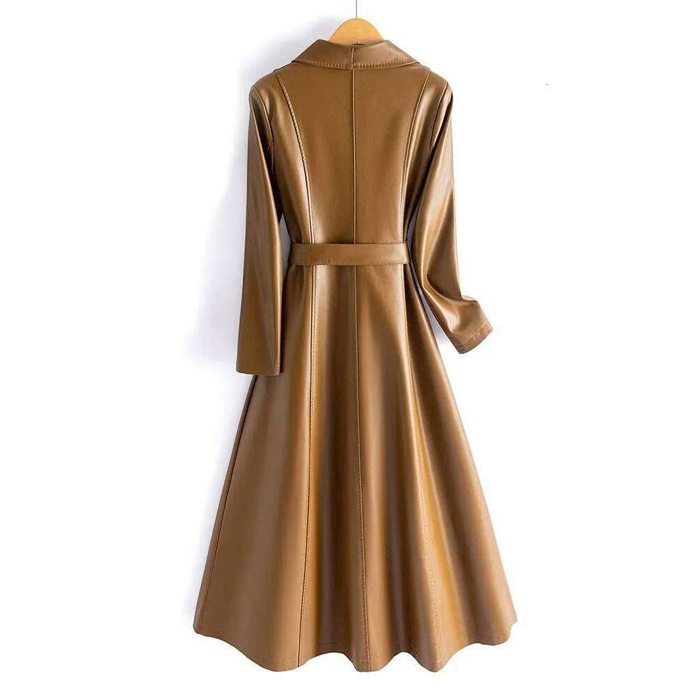 Sheepskin Long Trench Coats 2024 New Single-breasted Belt Pockets Chic Ladies Vintage Coffee Real Leather Jacket Outwear