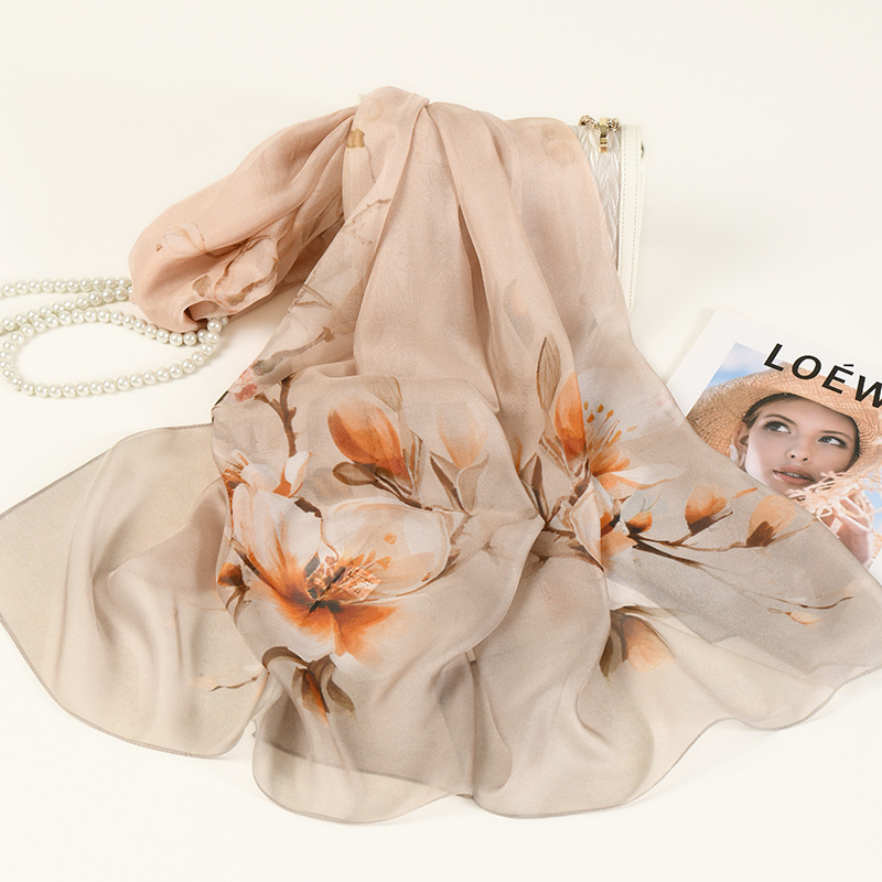 K918 Silk scarf 100% chiffon printed shawl scarf dual-purpose Hangzhou silk machine curled edge self-produced