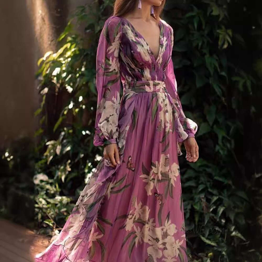 Summer New Printed Women's V-Neck Sleeve Flared Long Dress For Women B5