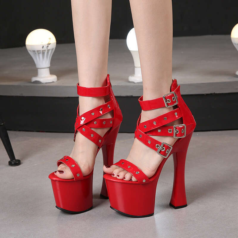 Super High Heels Studded Back Strap Roman Sandals High 17Cm Chunky Heel Summer Thick Sole Waterproof Platform Platform High Heels