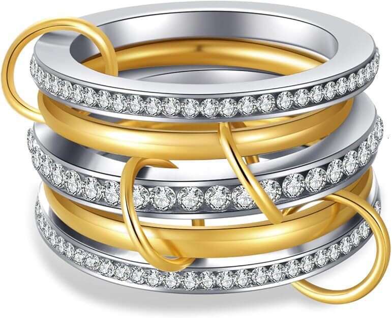 New Stacked Cubic Zirconia Titanium Steel Thick High Gloss Gold and Silver Double Ring