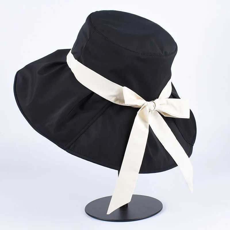 Panama 2025 Summer Black Bow Bucket Hat Women Fashion Korea Bob Cotton Fisherman Hat Sun Hat Fishing Cap Fisherman Hat W250602