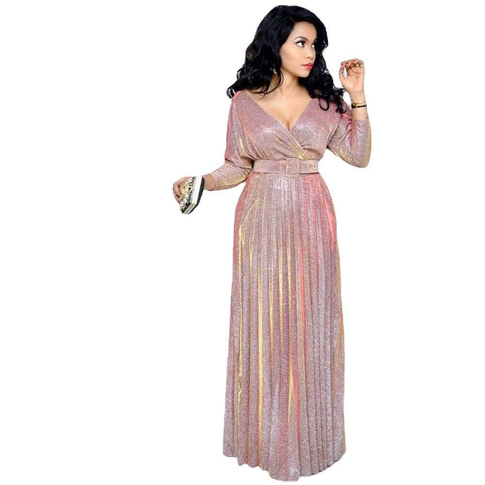 Winter European, American, African women's fashion long sleeved, gilded, pleated skirt with waist belt, shiny pink fabric, 2025 new style, chic a