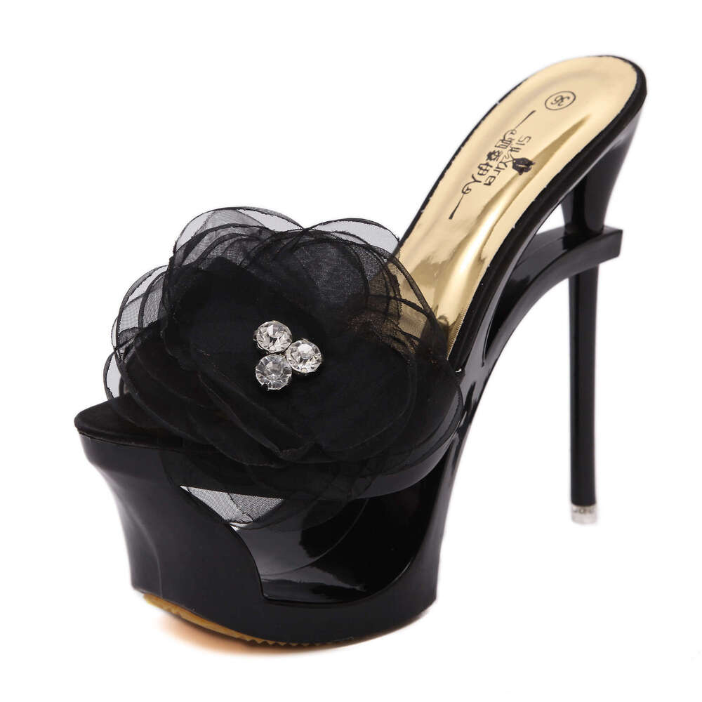 Super High Heels New Sexy Women's Blue Satin Rhinestone Decorated Chiffon Flower Waterproof Platform High Heels Platform High Heels