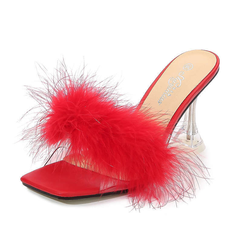 Super High Heels Wine Glass And Furry Crystal High Heels Square Toe One Strap Fairy Style Fashion Thin Heel Slippers Platform High Heels