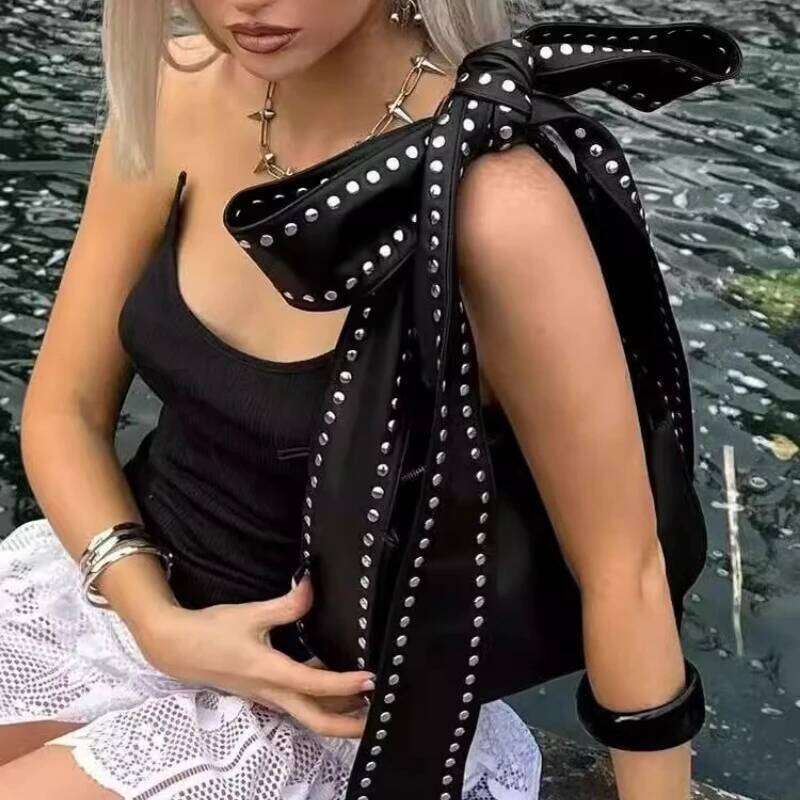 Y2k Aesthetic Punk Bow Rivet Top-Handle Bags Fashion All Match Shoulder Underarm Bag Women Chic Simple Purses And Handbags