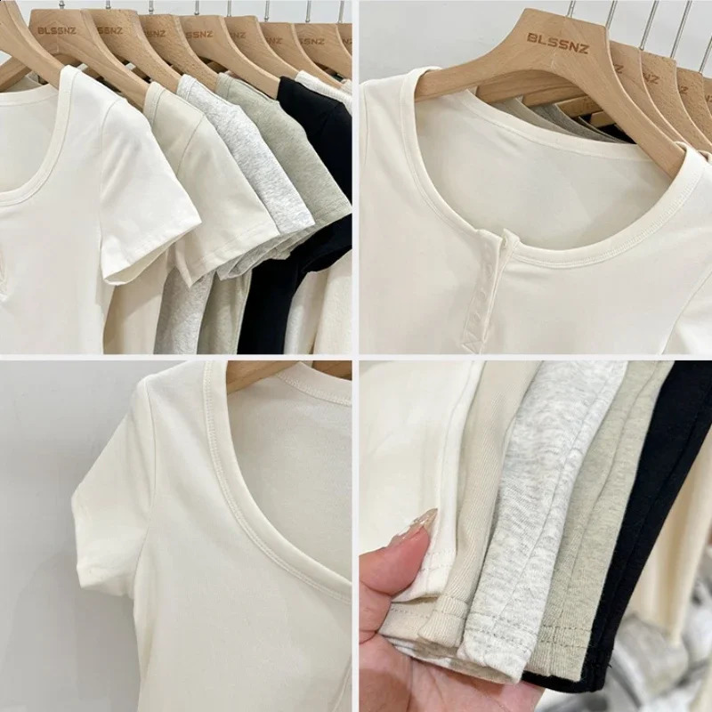 Summer Women T Shirt Button T-Shirt Woman Clothes Tops Cotton Slim Tshirt Female Short Sleeve Top Summer Tee Sexy Canale Y2k 250529