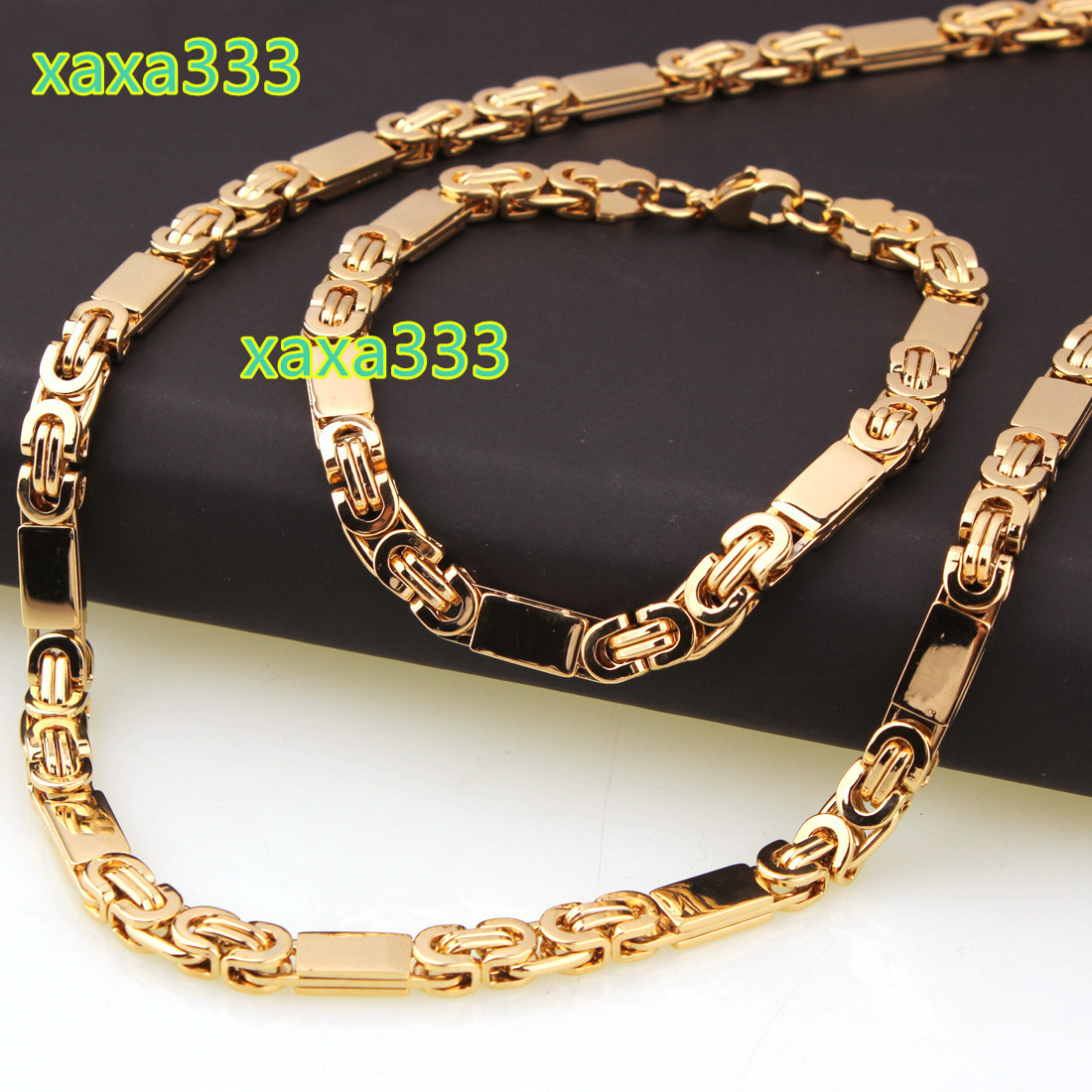 18K Gold Plating Figaro Chain Mens Stainless Steel Italian Solid Necklace Bracelet Set
