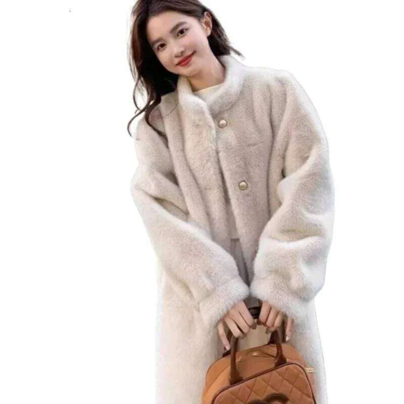 Winter Imitation New Stand Collar Single Breasted Super Warm Thickened Medium Long One Fur Mink High-end Coat