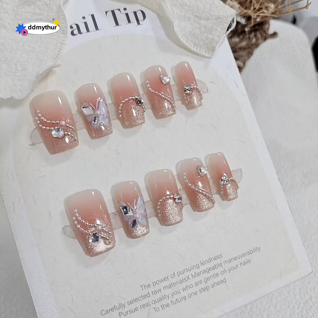 Wearable Nails 10 Pieces S200 Pearl Curtain Dream Short Ladder Butterfly Crushed Dia Glitter Chain Brightening Temperament Nail Art Finished Products 