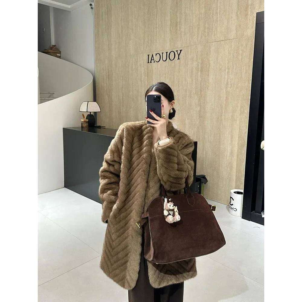 2025Winter New Faux Mink Midi Length Korean Style Eco-Friendly Fur One Piece Women's Jacket Plush Coat Overcoat