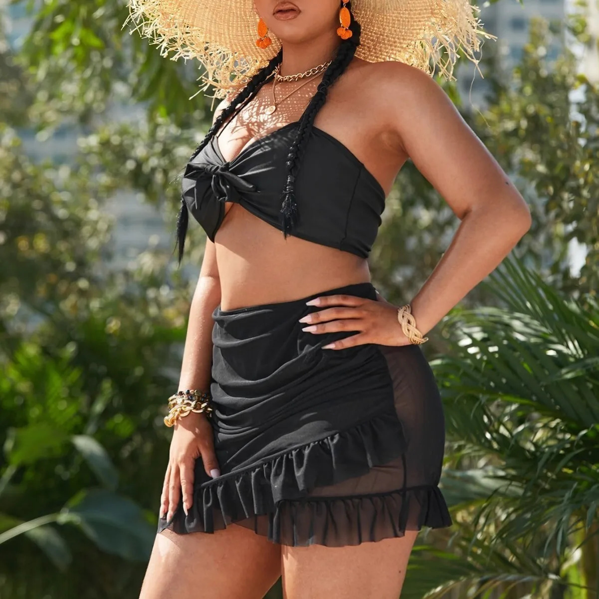 Plus Size Split Swimsuit Womens Bikini Three Piece Set Mesh Hood Skirt Solid Color Beach Women Casual Y2k 250528Z