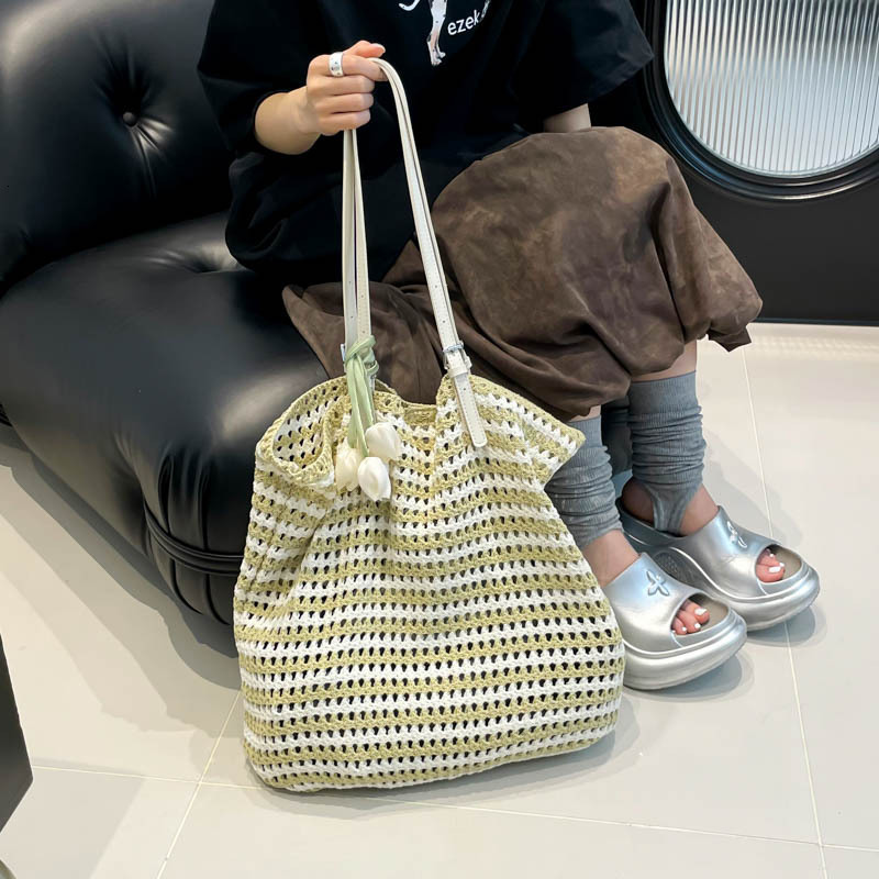 designer Bohemian Style Cotton Stripe Woven Large Bag for Women 2025 New Beach Vacation Large Capacity Underarm Tote Bag