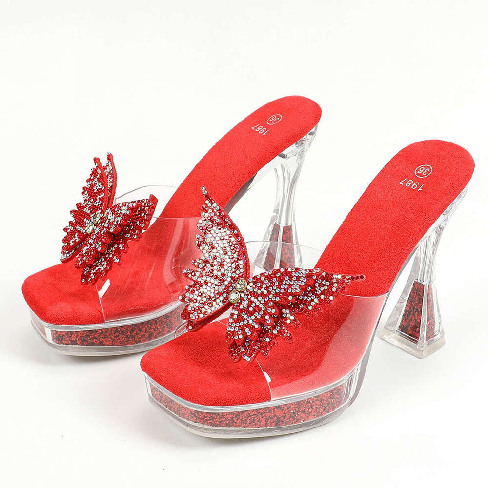 Super High Heels 1987-22 New Sexy Fashion Transparent Chunky Crystal Square Toe Non-Slip Butterfly Rhinestone 12Cm High Heel Slippers Platform High He