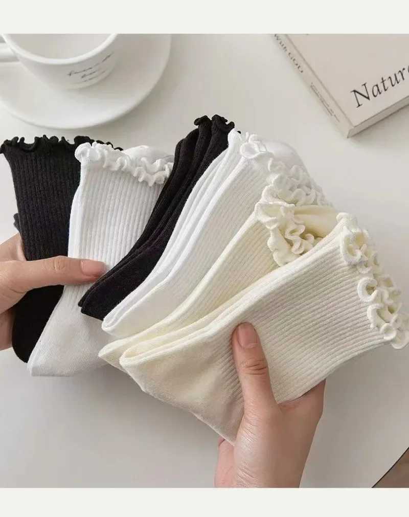 1/2/3pairs Cotton Ruffles Ankle Socks Women Lolita Cute Kawaii Korean Stocking Girl Spring Black White Middle Tube Japanese Socks T250602