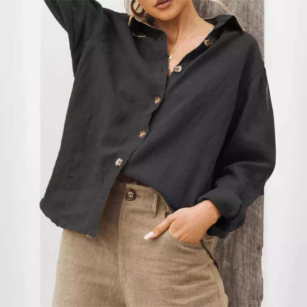 Autumn Winter Fashion Turn-Down Collar Long Sleeve Cotton Linen Loose Women's Shirt B5