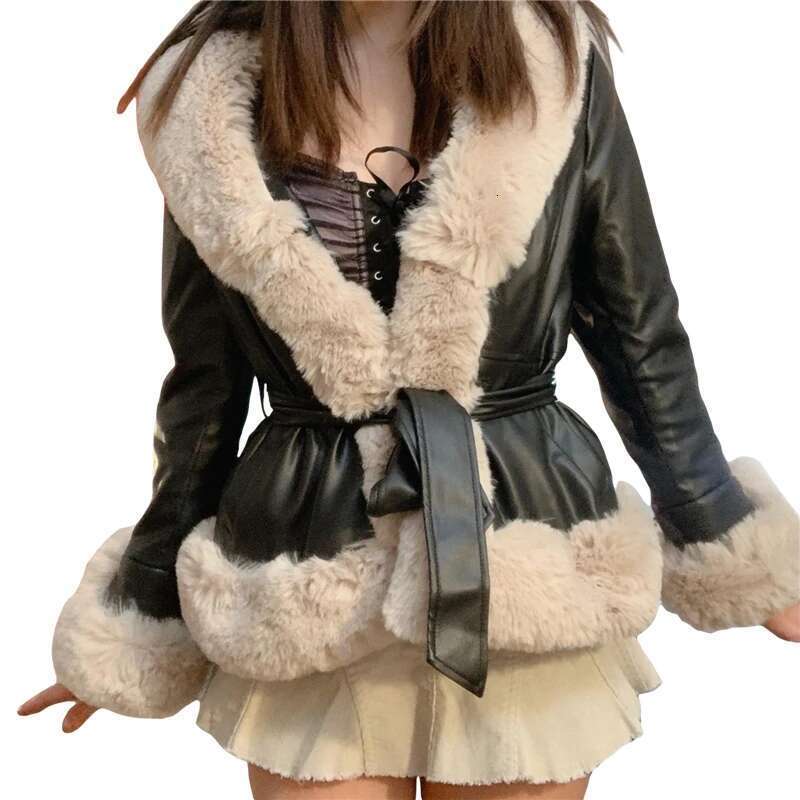 Lamuusaa Jacket Women Y2k Clothing Artificial Fur Collar V Neck Long Sleeve PU Leather Coat With Belt 2000S Clothes Outerwear