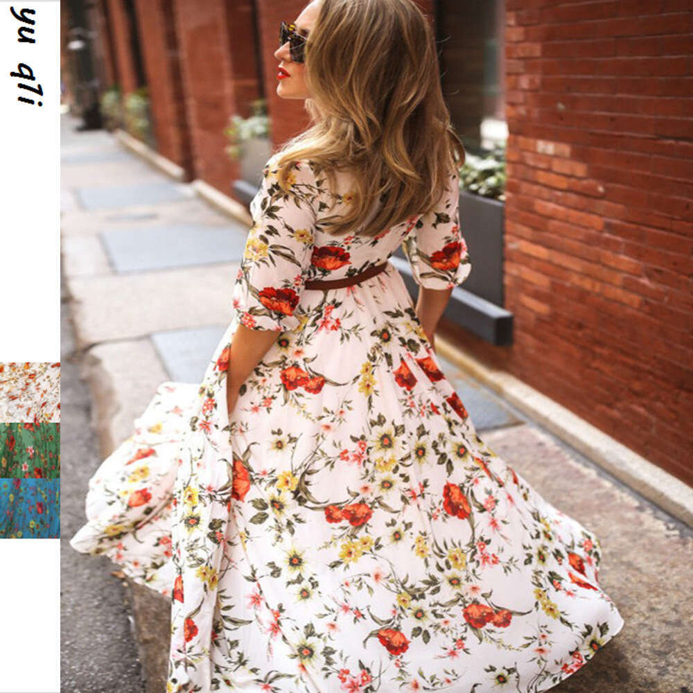Spring New Women's Printed Flared Slim Fit Fashion Long Dress B5
