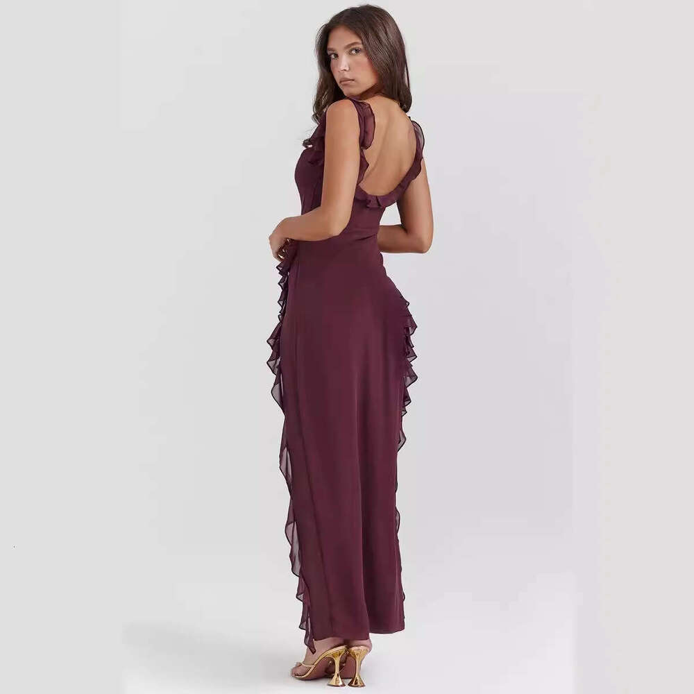 Summer New French Style Spaghetti Strap Ruffle Design Sexy Split Long Dress For Women B5