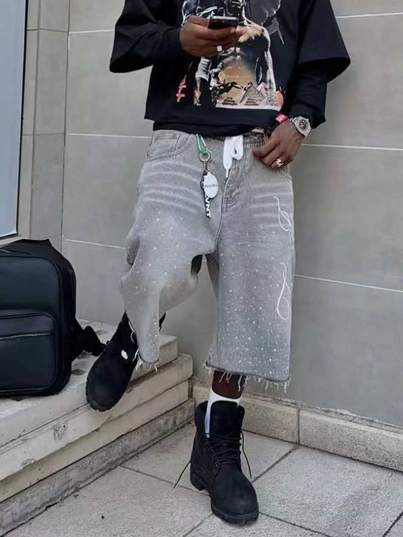 Summer American Letters Embroidery Gray Baggy Shorts Jeans Men Frayed Hem Wide Leg Baggy Copped Pants For Male T250603