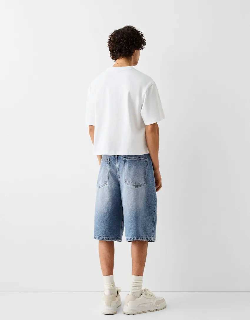Summer New Fashion Mens Washed Vintage Solid Color Loose Wide Leg Knee-length Jeans Pants American Elastic Denim Shorts Male T250603