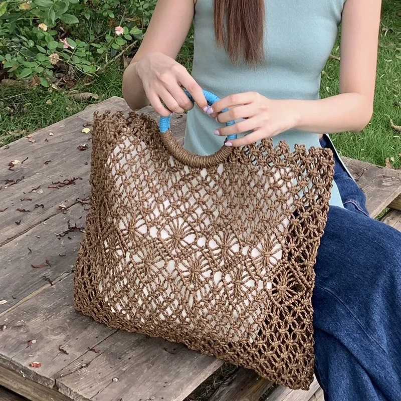 Summer Hollow Straw Beach Bag Handmade Woven Shoulder Bag Raffia Rattan Shopping Travel Bag Bohemian Braided Handbag Casual Tote M250603