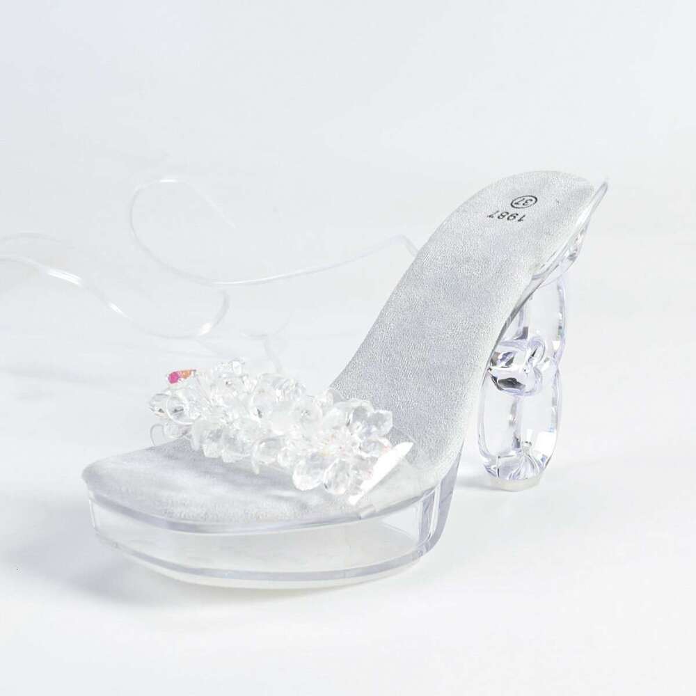 Super High Heels 1988-Q20 New 12Cm Sexy Fashion Transparent Chunky Heel Crystal Square Toe Non-Slip Strap Sandals Platform High Heels