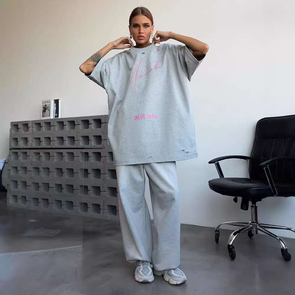 Thirteen Lines New Women's Letter Print Oversize Top Round Neck Drop Shoulder Trendy Versatile Short Sleeve T-Shirt B5