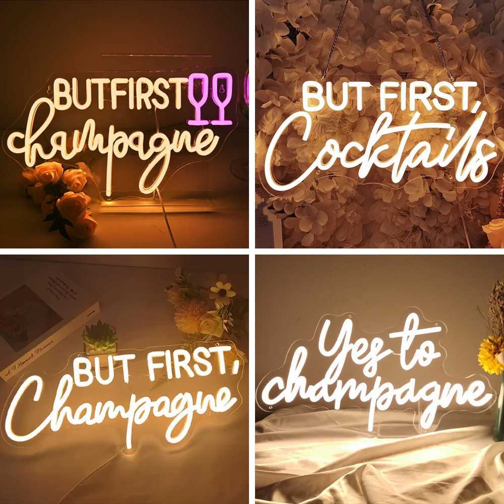 But First Champagne Neon Sign LED Light Up Sign Wall Decor for Home Bar Man Cave Birthdays Graduations Decor Light Dimmable USB XJ250602