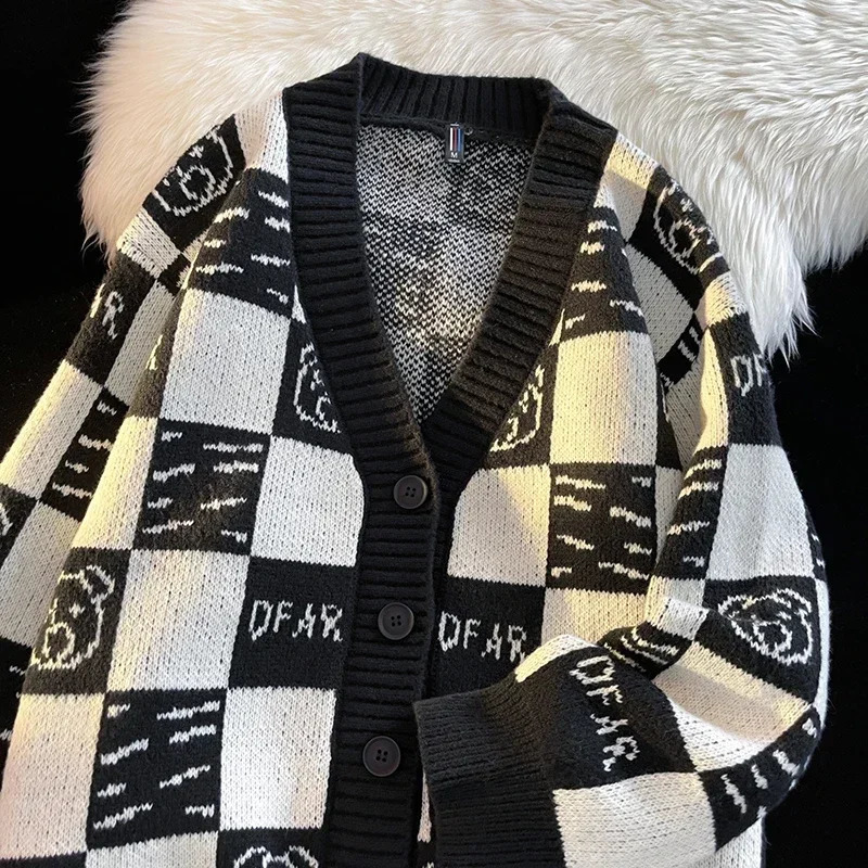 Mens Autumn Vneck Knitted Cardigan Plaid Cartoon Print Sweater Coat Men Comfortable Loose Casual 250528