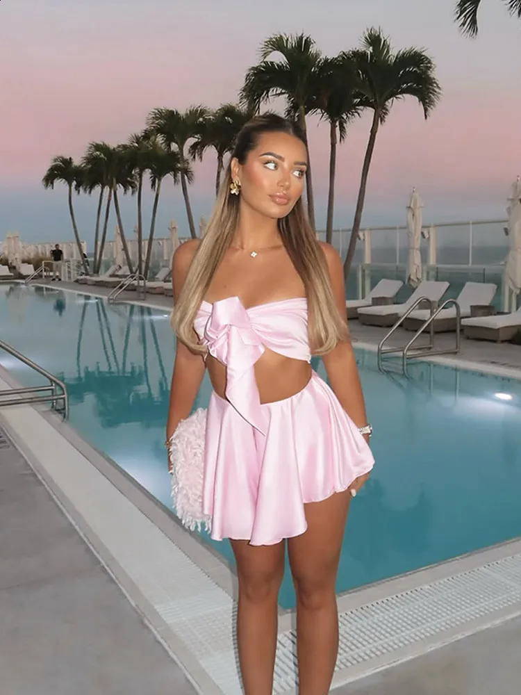 Sexy Pink Satin A-line Mini Skirt Sets Women Sexy Sleeveless Strapless Crop Top A Line Skirts Suit Summer Chic Lady Party Wear 250530