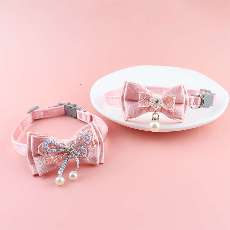Fairy Pink Lace Bowknot Beaded Cat Collar Bell Pet Supplies
