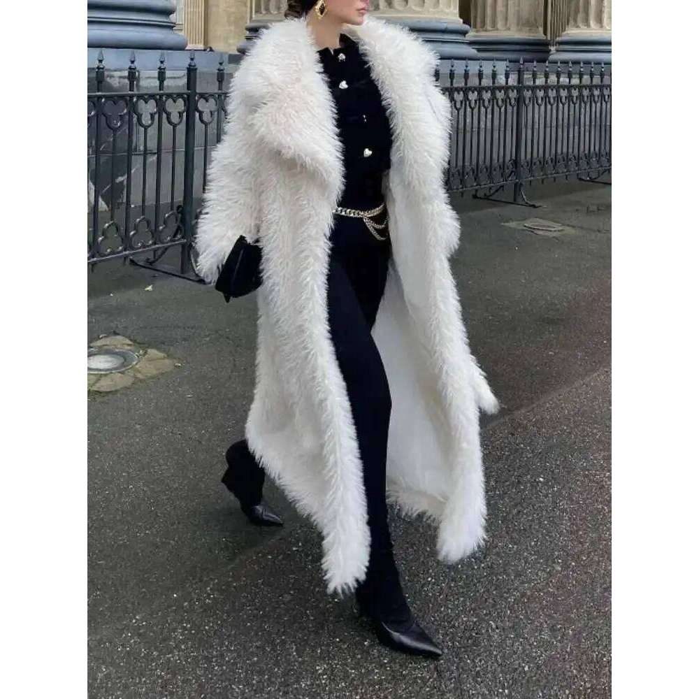 UCXQ White Long Outerwear Elegant Temperament Loose Lapel All Match Thick Warm Faux Fur Coat For Women 2025 Winter 23C2964