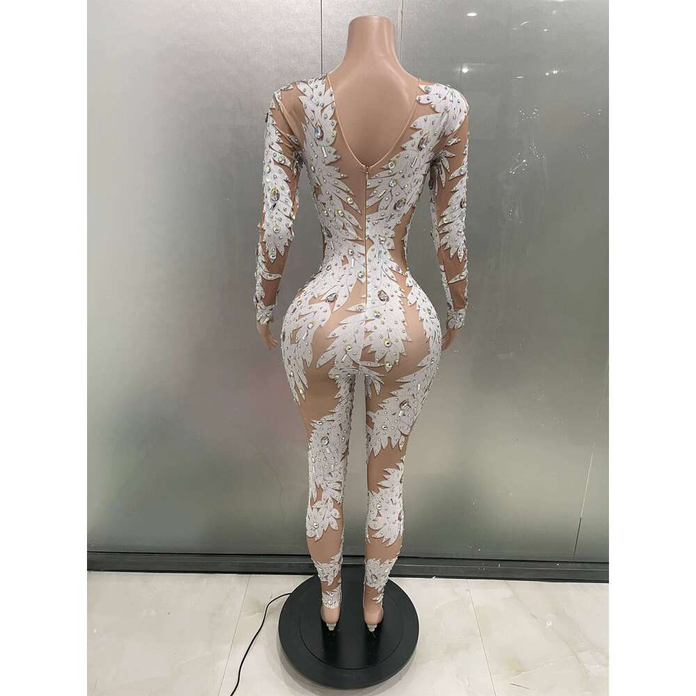 Sexy Crystal High Stretch Bodycon Long Sleeve Jumpsuit Women Celebrate Nightclub Party Club Performance Costume Stage Wear