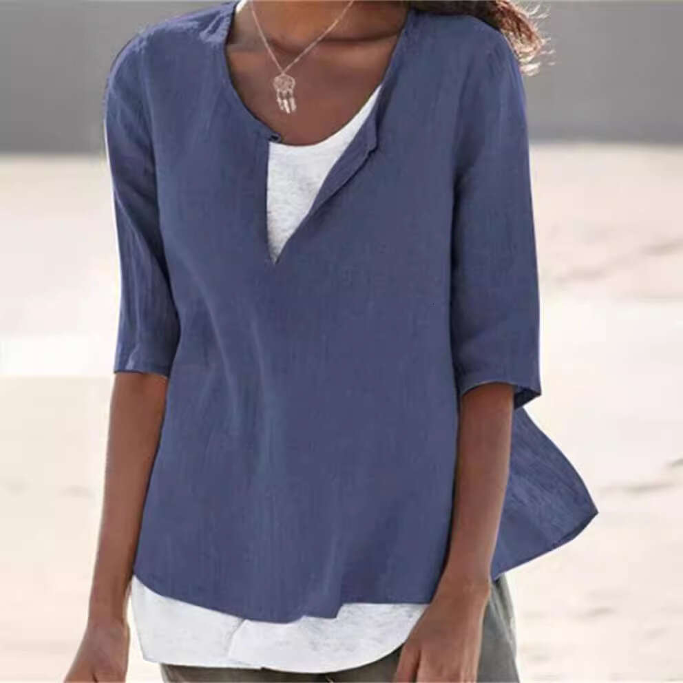 Spring Summer V-Neck Solid Color Cotton Linen Plus Size Mid-Sleeve Women's Shirt B5
