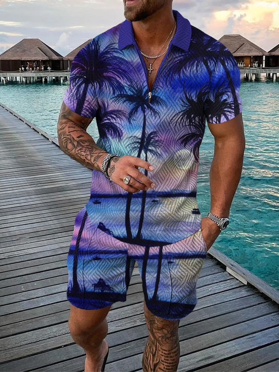 Hawaiian Coconut Tree Print Mens Sets Fashion Zip Polo Short Sleeve Top Shorts Outfit Summer Beach Vacation Oversized Tee Suit 250530